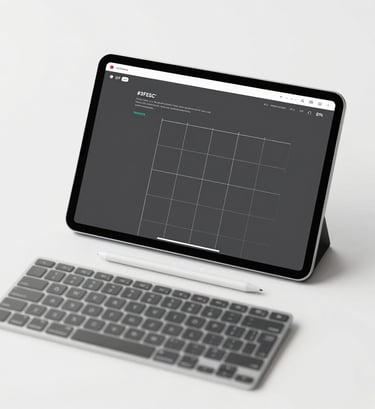 A professional top-down view of a designer's desk. It features a tablet showing wireframe grids in #3F5E5C, a sleek stylus, and a high-end keyboard. The composition is clean and uncluttered, following a minimalist aesthetic with a professional polish.