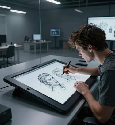 A wide cinematic photograph of a character designer in a North American / US studio, sketching on a large digital tablet. The environment is dark with deep slate and silver mist tones reflecting off glass surfaces.