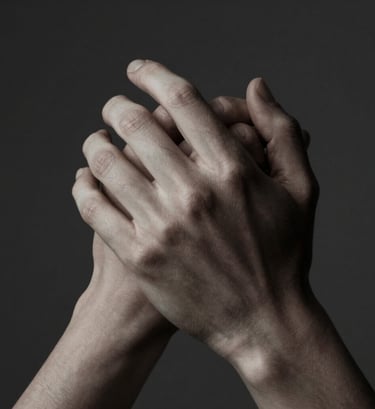 Abstract detail of two hands intertwined. High contrast lighting (clair-obscur) emphasizing the texture of the skin and the grace of the fingers. Mood is intimate and storytelling. Palette includes #1F1E1C for deep shadows and #8F8C8A for mid-tones.