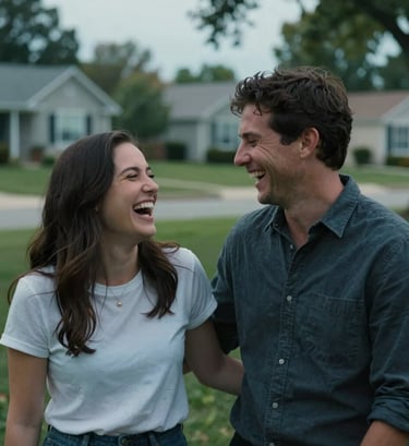 A candid, medium shot of a North American / US couple sharing an authentic laugh in a suburban park. The lighting is soft and cinematic, with hints of muted light blue in the shadows. The focus is sharp on their genuine expressions.