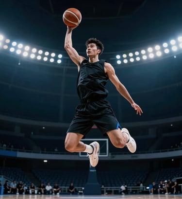 Cinematic shot of a basketball player mid-jump, viewed from a low angle. The background features the rhythmic pattern of stadium lights in a dark sky. The scene is dominated by dark blue and black tones. Western / International athlete.