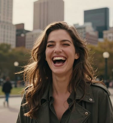A candid portrait of a woman laughing genuinely, her hair caught in a light breeze. Shot in an intimate, cinematic style in a North American city park. The lighting is warm and soft, with terracotta tones in the background architecture.