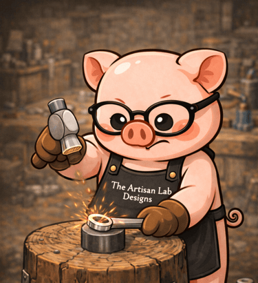 The Artisan Lab Designs mascot Milo is hammering the silver to shape its form