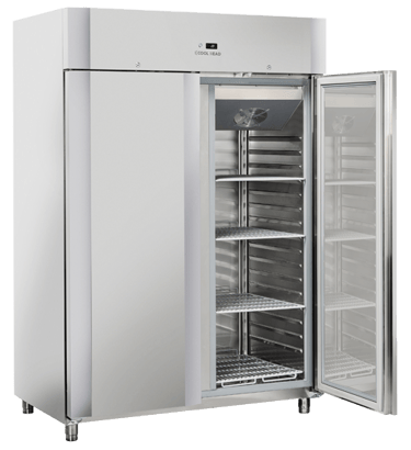 a refrigerator with a glass door and a freezer