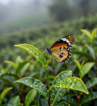 Close-up of vibrant green tea leaves with morning dew, a wild butterfly resting on a branch, soft natural forest background.