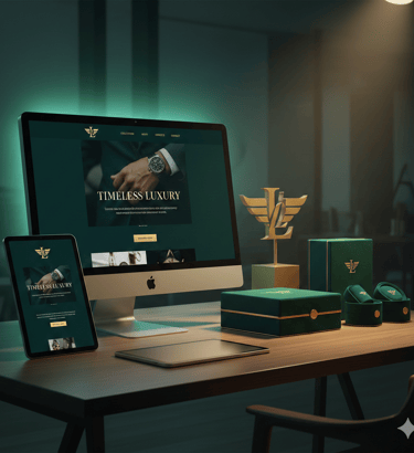 Luxury watch website design displayed on a desktop computer and tablet in a dark modern office.