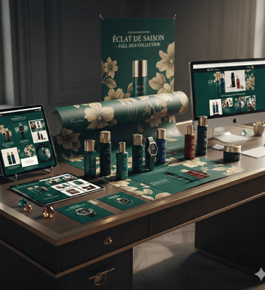Luxury skincare and watch collection display for the Fall 2024 seasonal product launch.
