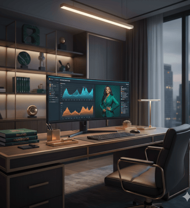 Modern executive home office with an ultrawide monitor displaying data analytics and a luxury desk.