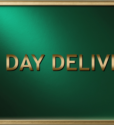Gold 5-7 day delivery text on a green textured background with a metallic gold frame.