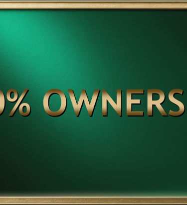 Elegant green textured background featuring gold 100% ownership text within a gold frame.