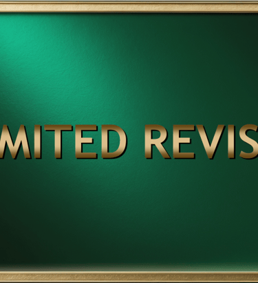 Elegant gold text reading Unlimited Revisions on a textured emerald green background with a metallic frame.