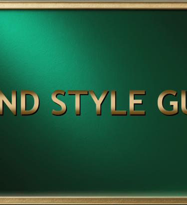 Elegant gold lettering reading BRAND STYLE GUIDE on a textured emerald green background with a metallic frame.