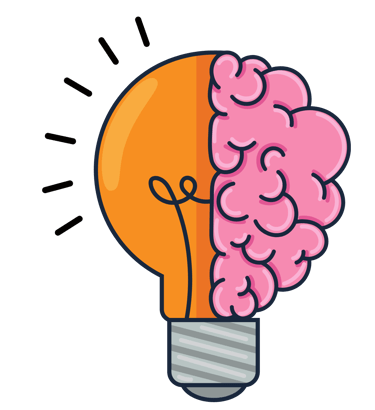 Lightbulb illustration with the right half of the bulb replace with the right half of a brain.