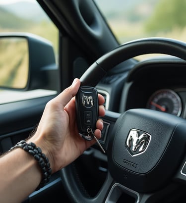 Person holding key fob inside truck