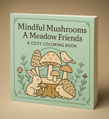 Mindful Mushrooms A Meadow Friends cozy coloring book with green cover featuring woodland animals an