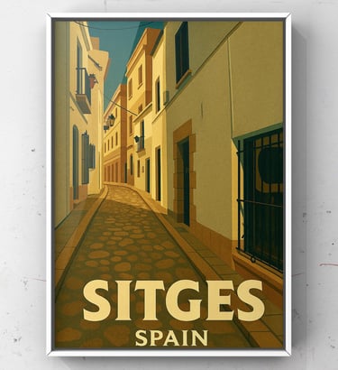Vintage Sitges, Spain Old Town Street Poster | Travel Art Print