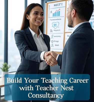 A female teacher confidently shakes hands with a male recruitment consultant at Teacher Nest Consult