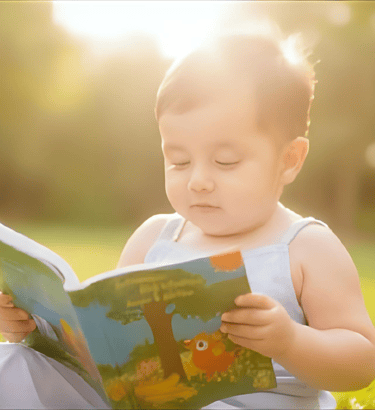 Cute baby reading story book 