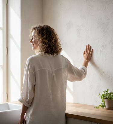a woman in a white shirt is standing in front of a window