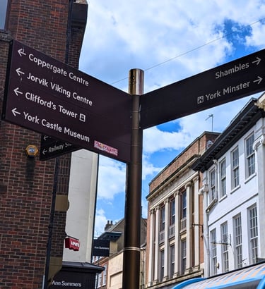 street signpost in York showing which direction the tourist attractions are