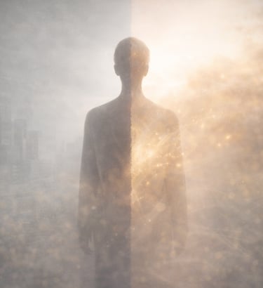 A human figure standing between two contrasting realities, symbolizing the confusion between social 