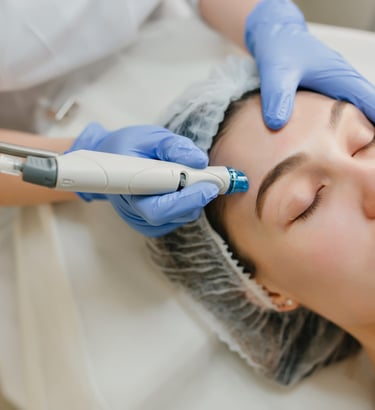 Esthetician performing a professional hydrafacial treatment on a woman's forehead for skin rejuvenation.