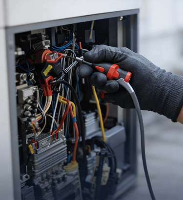 HVAC technician testing electrical components and system wiring during HVAC diagnostic inspection