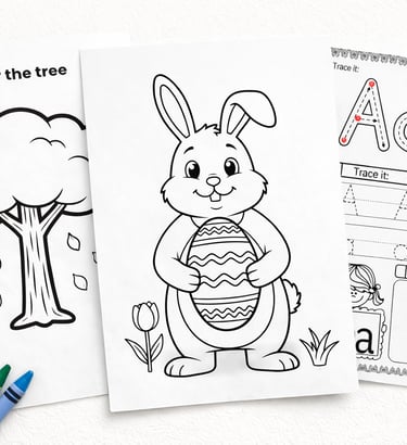 Printable coloring pages for kids featuring a tree, Easter bunny with egg, and alphabet letter tracing.