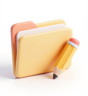Isometric 3D icon of a folder and a pencil in soft pastel claymorphism style, very friendly and approachable.