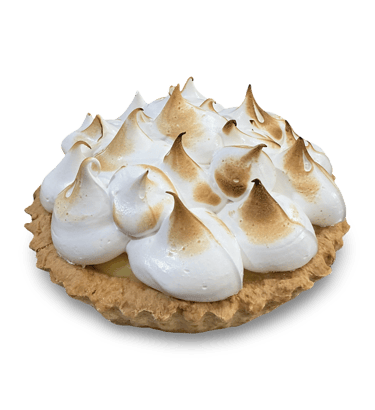 Mini lemon meringue tart with toasted peaks and a buttery shortcrust pastry shell isolated on black.