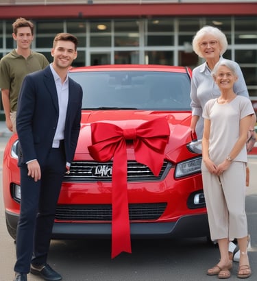 a man and woman standing in front of a car