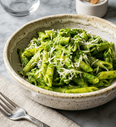 Penne pasta with vibrant green basil pesto sauce and grated parmesan cheese in a rustic ceramic bowl.