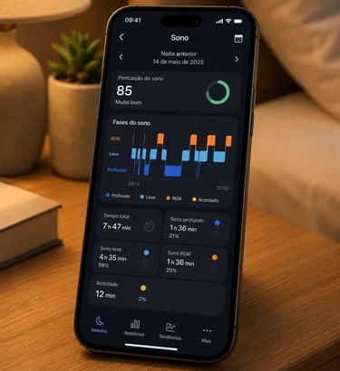 Smartphone displaying a sleep tracking app with deep, light, and REM sleep stage data on a bedside table.