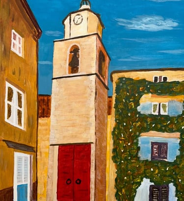 Original acrylic painting depicting the bell tower of Saint-Tropez with warm Provençal architecture 