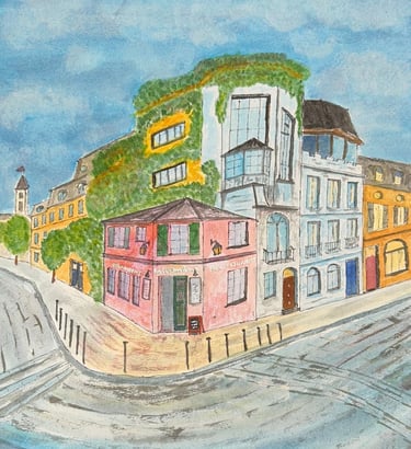 Original painting depicting the La Maison Rose building on a quiet Montmartre street corner.