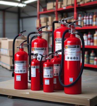 A close-up view of a red fire extinguisher with partially visible labels, hose, and some text in a foreign language. The background is slightly out of focus, emphasizing the fire extinguisher's details.