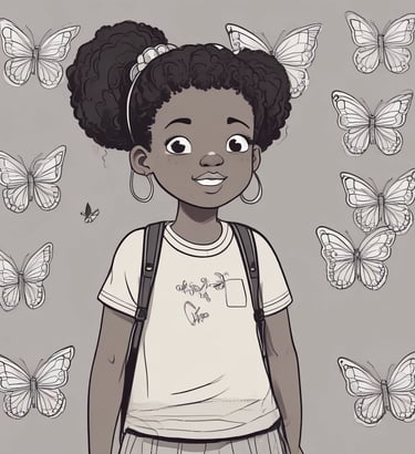 Cartoon image of happy black school girl surrounded by butterflies 