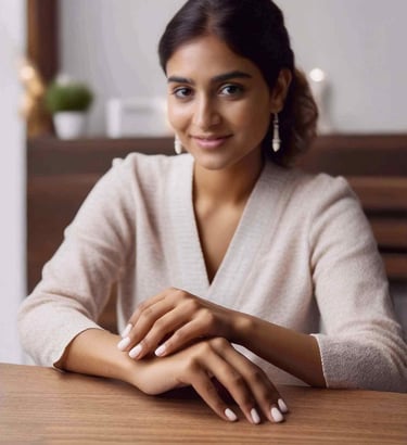 a woman sitting at a table with nail art done
