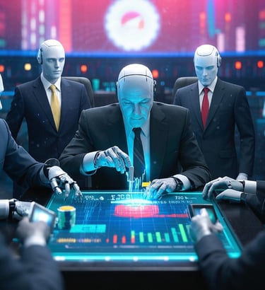 ai male robots business suits colaborating over surfacetop hologram 