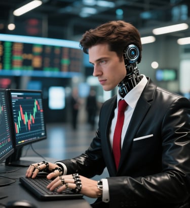 a man in a black leather suit and red tie working on stock market