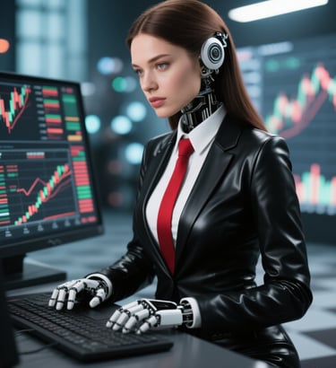 a woman in a black leather jacket and a red tie working on the stock market