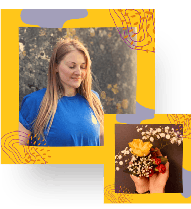 Martina with her eyes closed and holding flowers in her hand. In Lisbon.