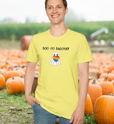 Boo to Bigotry Halloween pride graphic t-shirt with rainbow heart – inclusive fall fashion