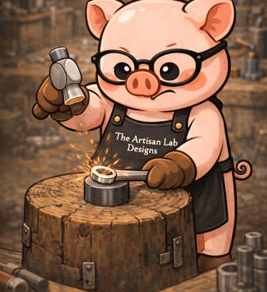 The Artisan Lab Designs mascot Milo is hammering the silver to shape its form