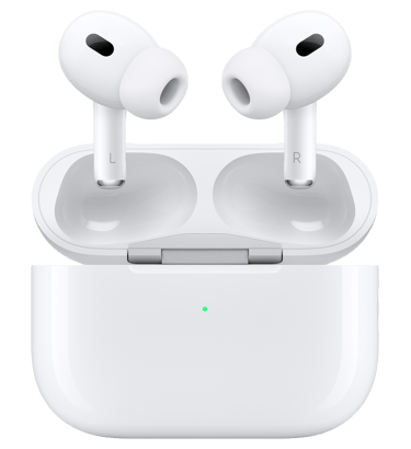 White Apple AirPods Pro wireless earbuds with MagSafe charging case on a black background.