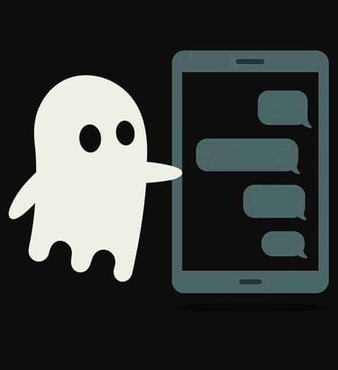 Vitt spöke som stirrar in i en tom mobil