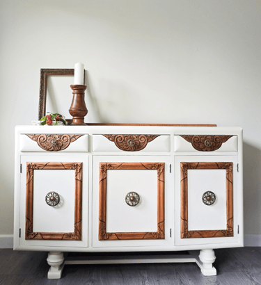 Vintage wooden sideboard painted in Sophie James Cornish Cream with the wood carvings left natural and oiled