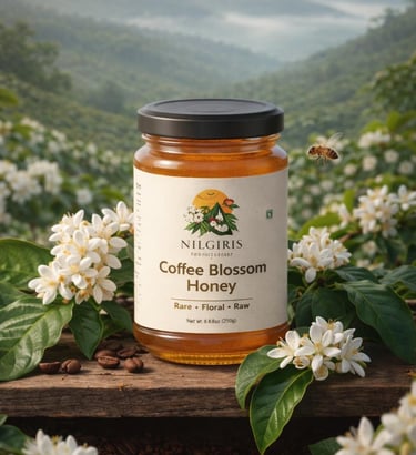 A glass jar of Nilgiris raw Coffee Blossom Honey surrounded by white flowers and coffee beans in a mountain landscape.