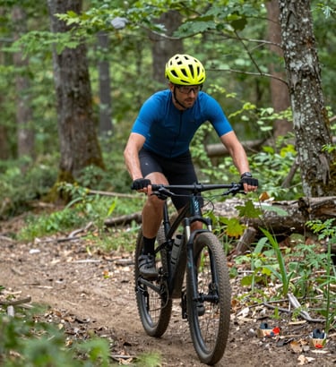 Cyclist riding a mountain bike on a rugged forest trail with sunlight filtering through trees.