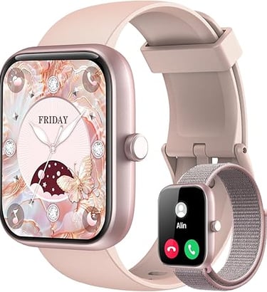 Pink rose gold smartwatch with a decorative floral butterfly face and an adjustable silicone strap.